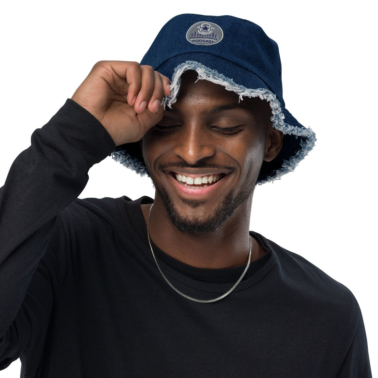 Cowboys Huddle Pod Cast Distressed denim bucket hat