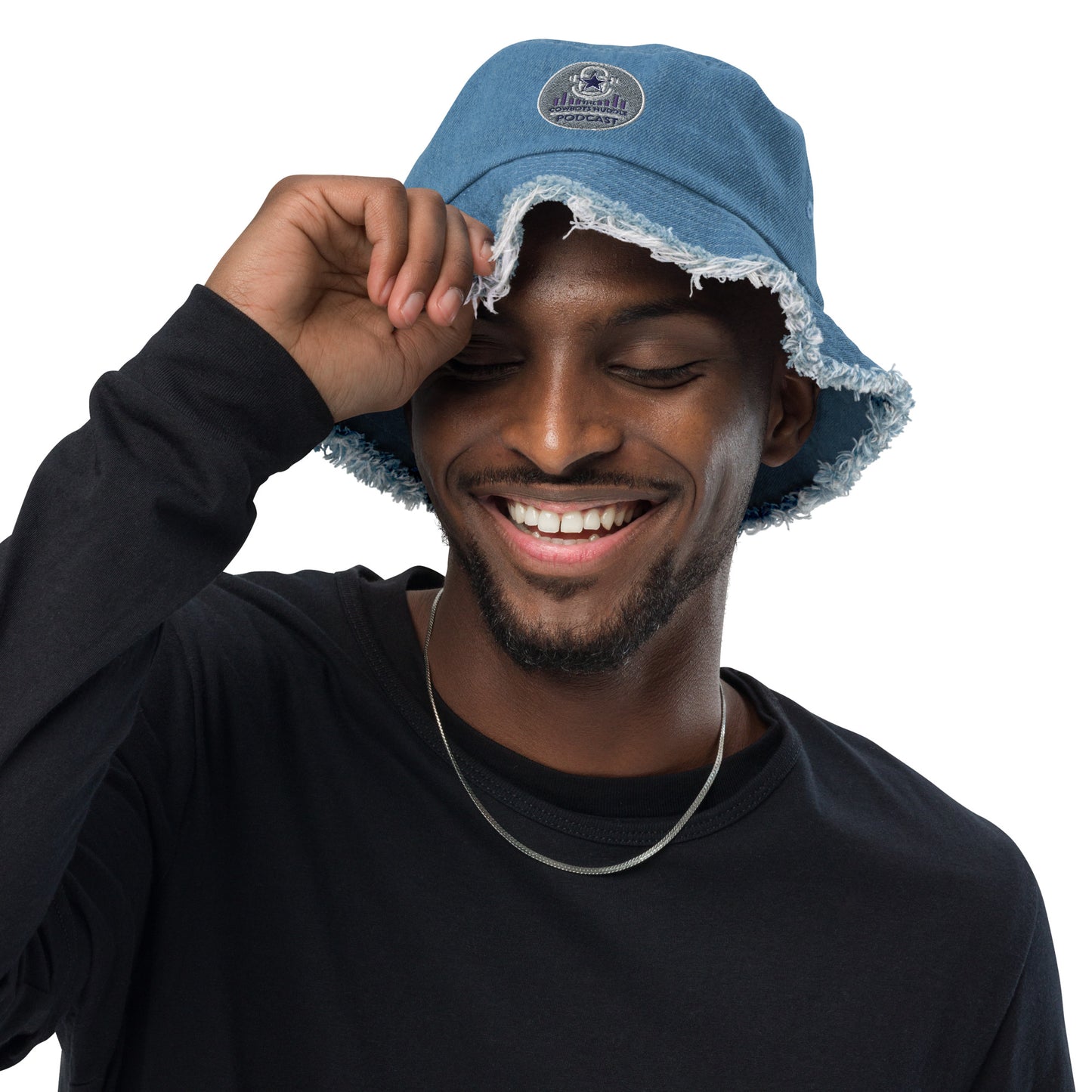 Cowboys Huddle Pod Cast Distressed denim bucket hat